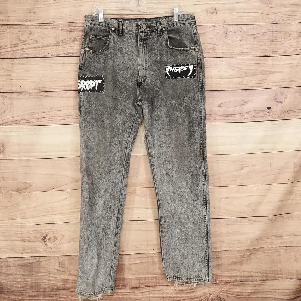 Vintage Wrangler Jeans 36x32 (33x30) Gray Acid Wash Denim Punk Patches DBEAT